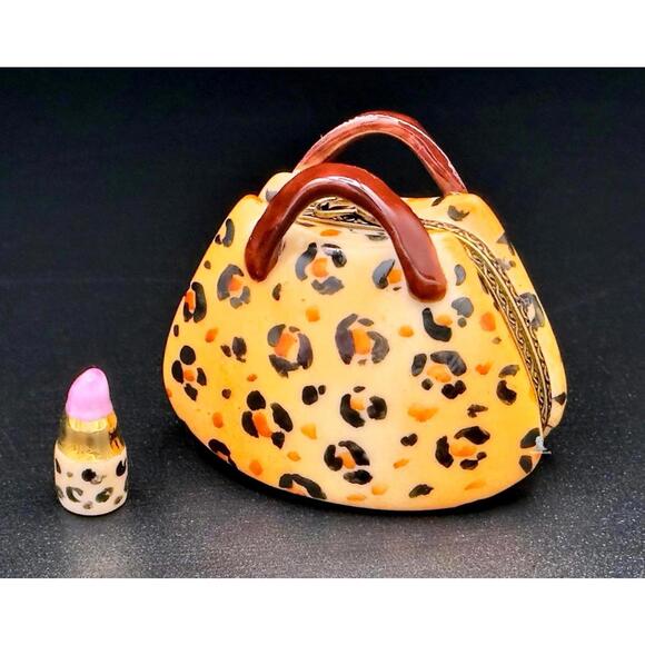 Authentic Limoges France Peint Main Leopard Handbag Trinket Box w/Lipstick Charm